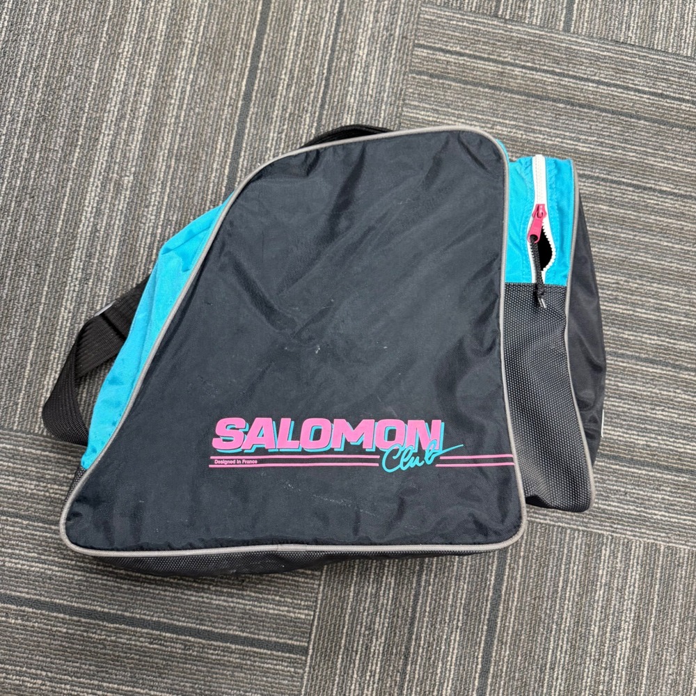 Vintage Salomon SX61 Ski Boots Rear Entry White Pink Teal Bag Goggles Set 80s